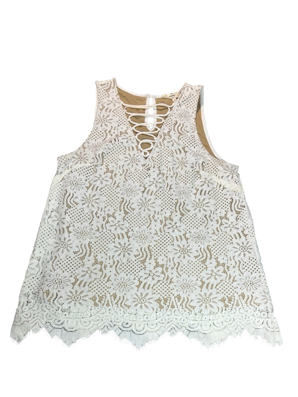 Metro Ivory Floral Lace Sleeveless Top Size Medium Boho Stretch Tank Top